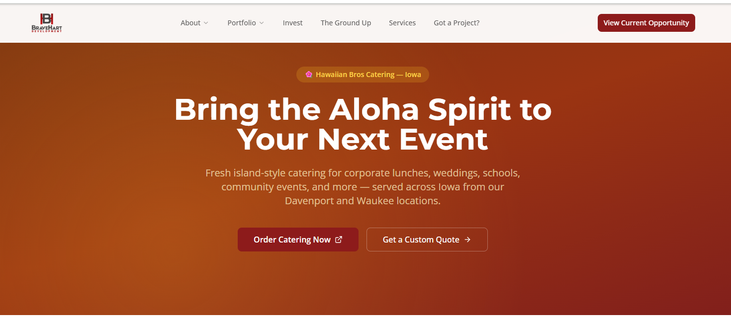 Hawaiian Bros catering page with AI-powered chatbot