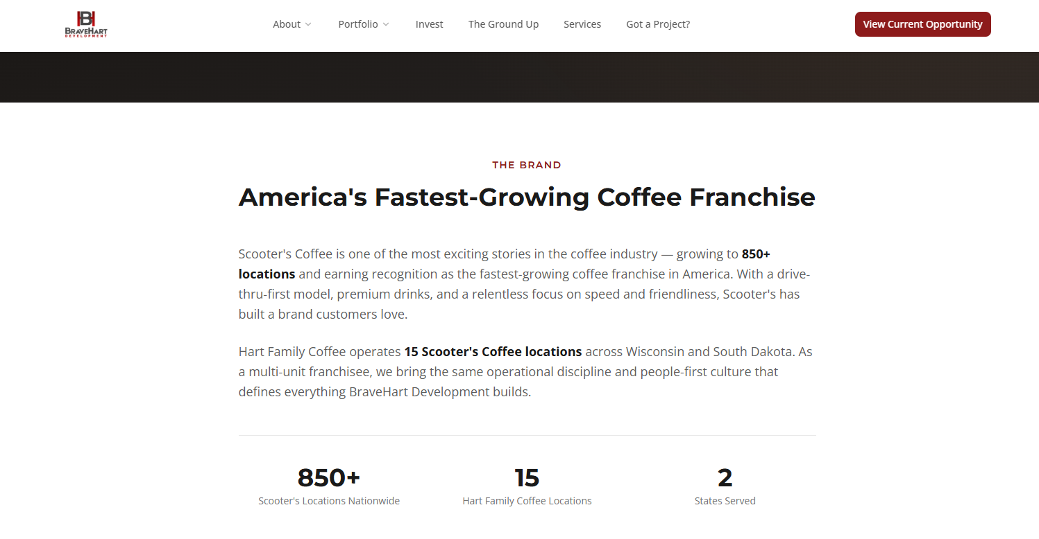 Scooter's Coffee brand page on bravehartdevelopment.com